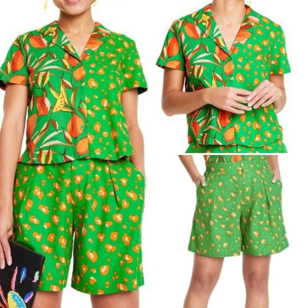 Tabitha Brown for Target Linen Blend Leopard Print Green Shirt and Shorts Set, S